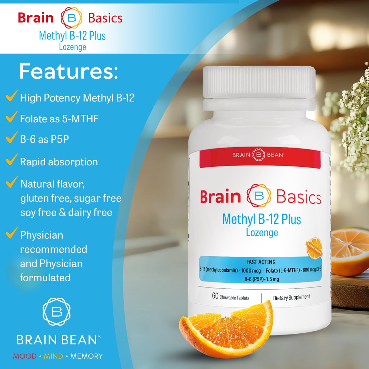 Extra Starkes Methyl B-12 & Methylfolat – 60 Kautabletten, Orangen-Zitrus-Geschmack – Hochdosiertes bioaktives B12-Vitamin & B9-Folat-Supplement für Energie, Gehirn-, Herz- & Nervenunterstützung