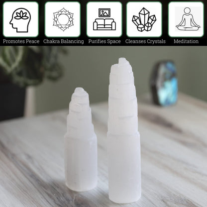Wish Well Extra Großer Selenit-Turm – 20 cm Selenit-Kristallturm – Aus Marokko abgebaut und handgefertigt – Ideal zum Reinigen und Aufladen von Kristallen und Heilsteinen, Meditation und Wohndekoration