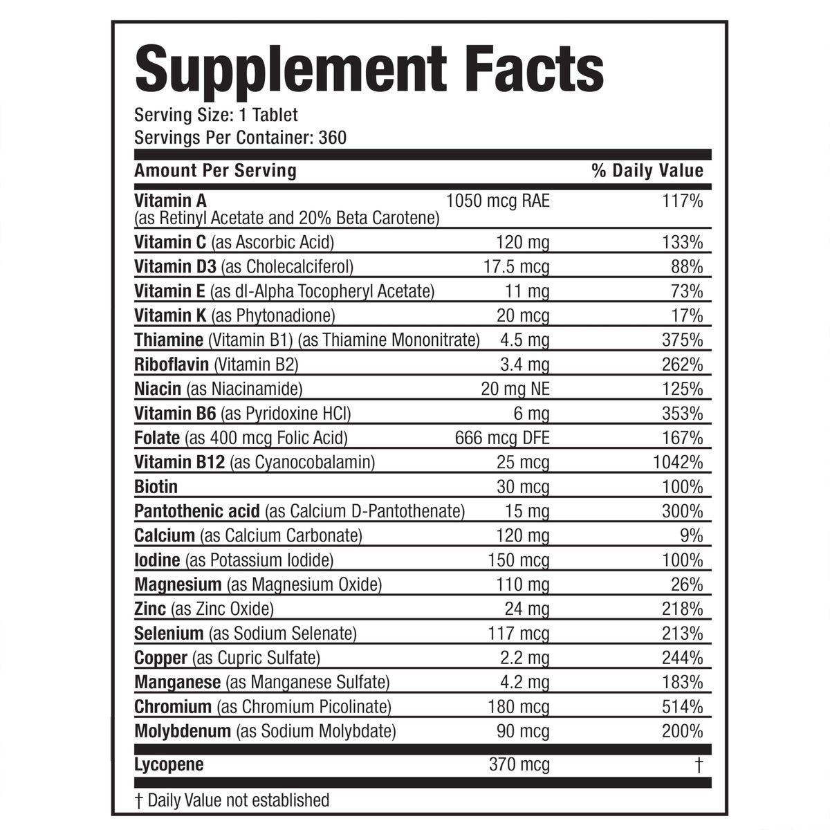 Bronson ONE Daily 50+ Multivitamin für Männer, 360 Tabletten – Komplettes Multivitamin & Mineralstoffpräparat
