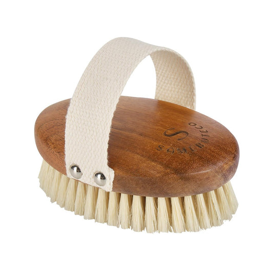 SAMEBUTECO Körperbürste aus massivem Akazienholz mit Wildschweinborsten – Trockenbürste für sanftes Peeling und Lymphdrainage – ovale Form, komfortabler Griff