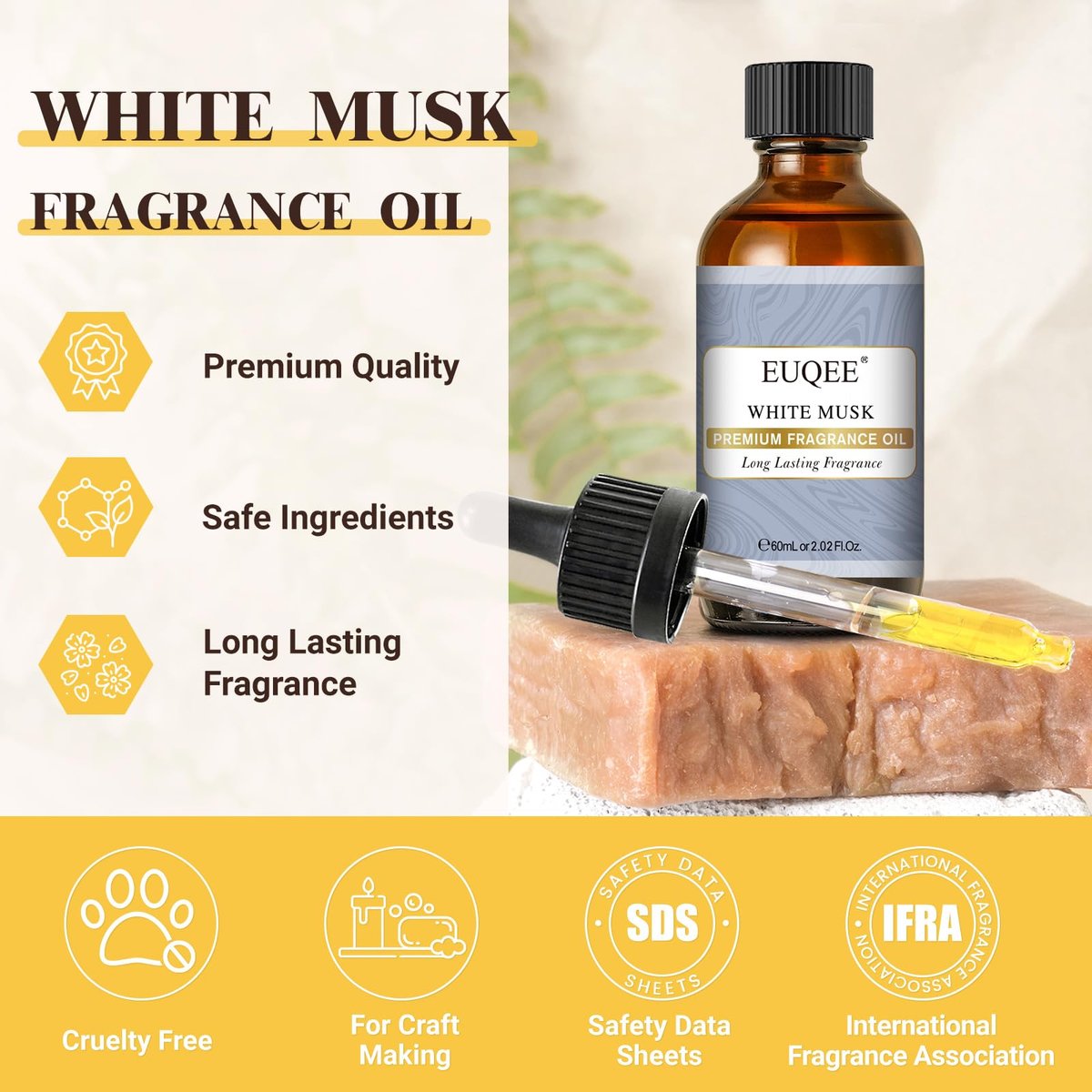 EUQEE Weißer Moschus Duftöl für Zuhause Aromatherapie, Premium Duftöl mit Glaspipette für Diffuser, Kerzen- & Seifenherstellung, Badebomben (60 ml)