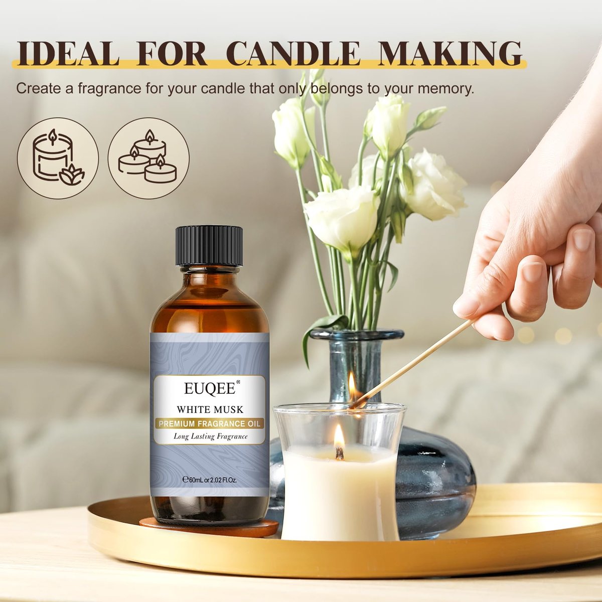 EUQEE Weißer Moschus Duftöl für Zuhause Aromatherapie, Premium Duftöl mit Glaspipette für Diffuser, Kerzen- & Seifenherstellung, Badebomben (60 ml)