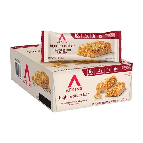 Atkins Erdnussbutter Müsliriegel High Protein Bar – 16g Protein, 1g Zucker, 4g Netto-Kohlenhydrate, 12er-Pack