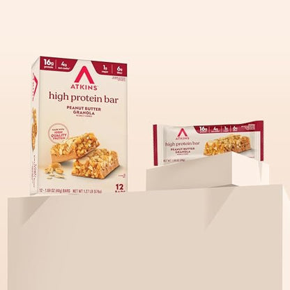Atkins Erdnussbutter Müsliriegel High Protein Bar – 16g Protein, 1g Zucker, 4g Netto-Kohlenhydrate, 12er-Pack
