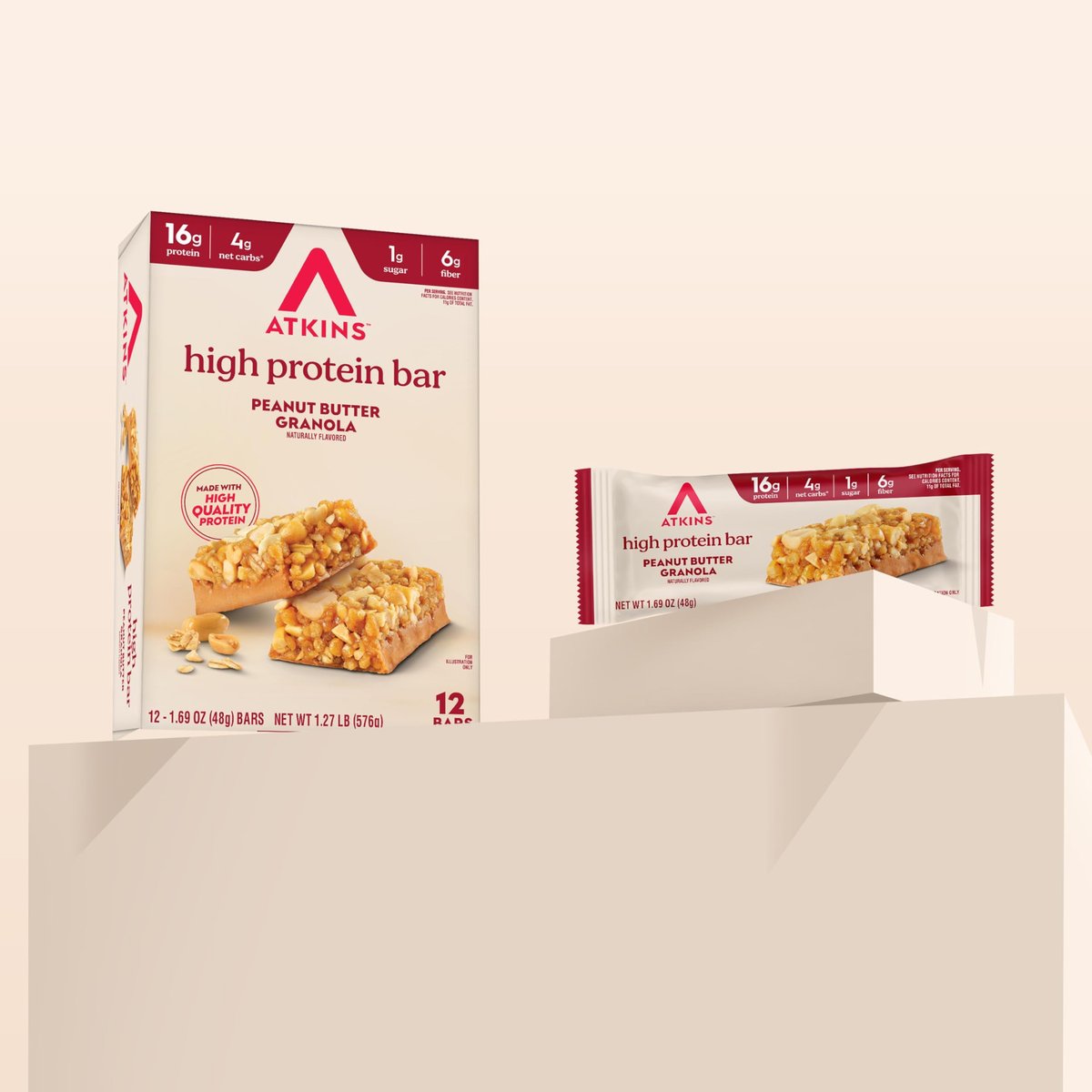 Atkins Erdnussbutter Müsliriegel High Protein Bar – 16g Protein, 1g Zucker, 4g Netto-Kohlenhydrate, 12er-Pack