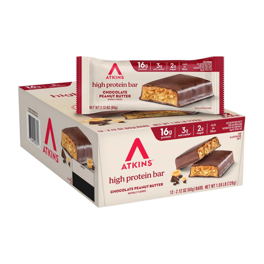 Atkins Chocolate Peanut Butter Protein Meal Riegel – Hoher Eiweißgehalt, ballaststoffreich, wenig Zucker, keto-freundlich, 12er Pack