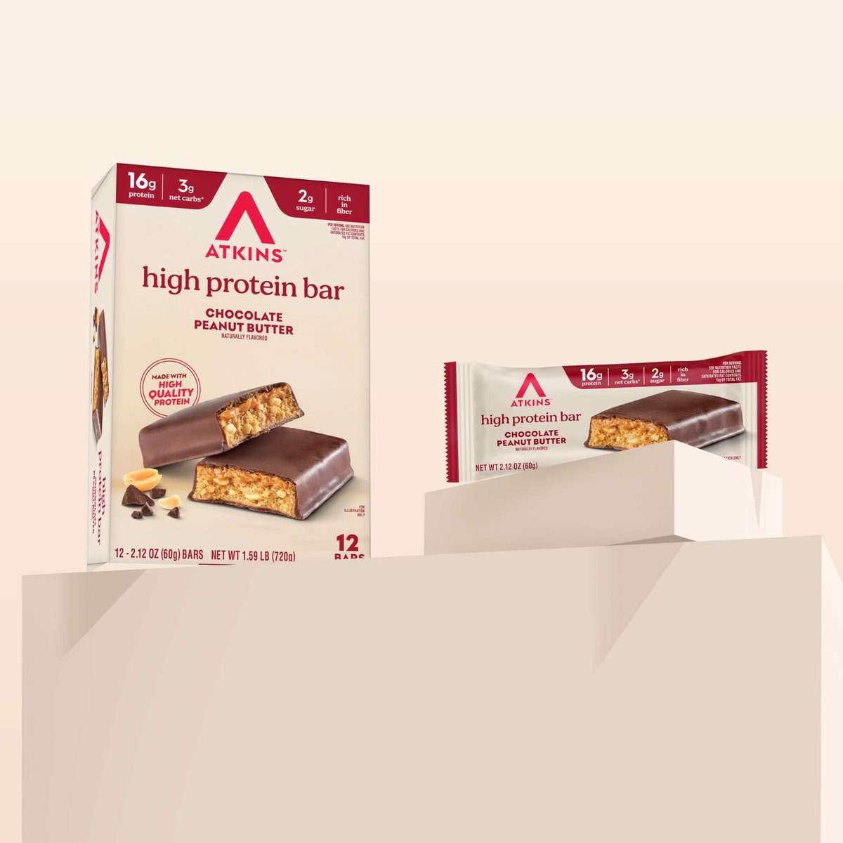 Atkins Chocolate Peanut Butter Protein Meal Riegel – Hoher Eiweißgehalt, ballaststoffreich, wenig Zucker, keto-freundlich, 12er Pack
