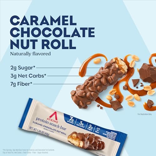 Atkins Karamell-Schokoladen-Nuss-Riegel, Protein-Snack, 7g Protein, 2g Zucker, Ballaststoffreicher Snack, 16er Pack