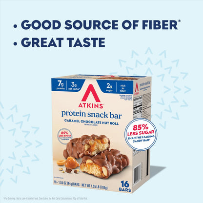 Atkins Karamell-Schokoladen-Nuss-Riegel, Protein-Snack, 7g Protein, 2g Zucker, Ballaststoffreicher Snack, 16er Pack