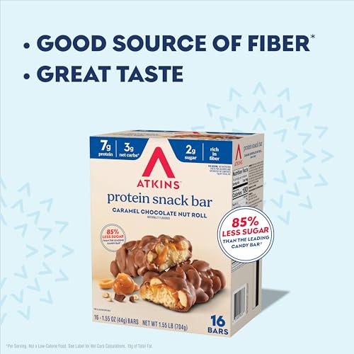 Atkins Karamell-Schokoladen-Nuss-Riegel, Protein-Snack, 7g Protein, 2g Zucker, Ballaststoffreicher Snack, 16er Pack