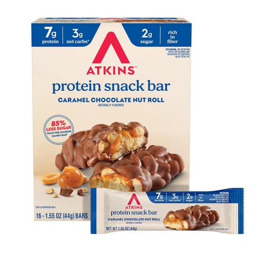 Atkins Karamell-Schokoladen-Nuss-Riegel, Protein-Snack, 7g Protein, 2g Zucker, Ballaststoffreicher Snack, 16er Pack