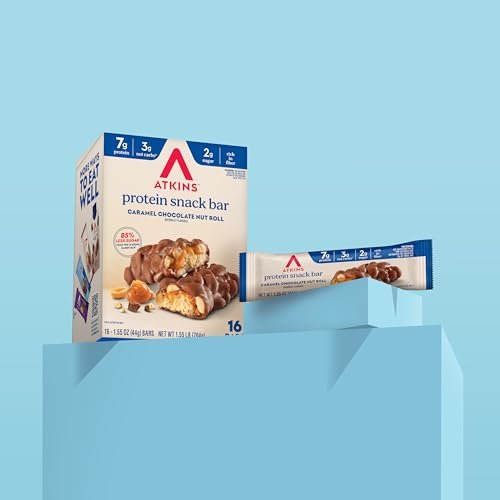Atkins Karamell-Schokoladen-Nuss-Riegel, Protein-Snack, 7g Protein, 2g Zucker, Ballaststoffreicher Snack, 16er Pack