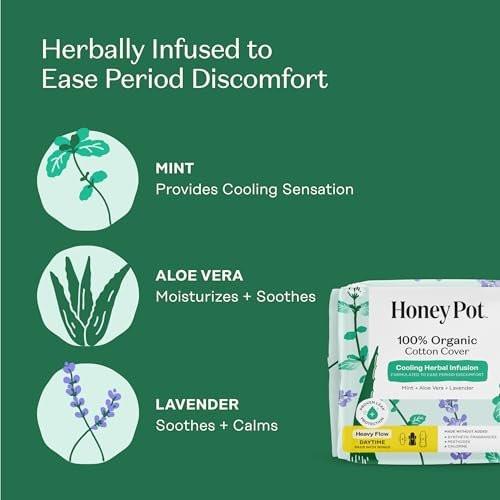 The Honey Pot Company – Kräuter-Slipeinlagen für Frauen mit starkem Fluss, mit Flügeln, mit ätherischen Ölen für kühlenden Effekt & Bio-Baumwollbezug – Damenhygiene – 16 Stück