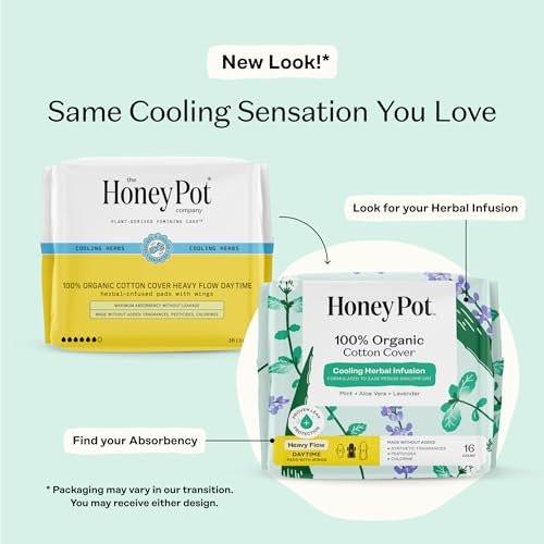 The Honey Pot Company – Kräuter-Slipeinlagen für Frauen mit starkem Fluss, mit Flügeln, mit ätherischen Ölen für kühlenden Effekt & Bio-Baumwollbezug – Damenhygiene – 16 Stück