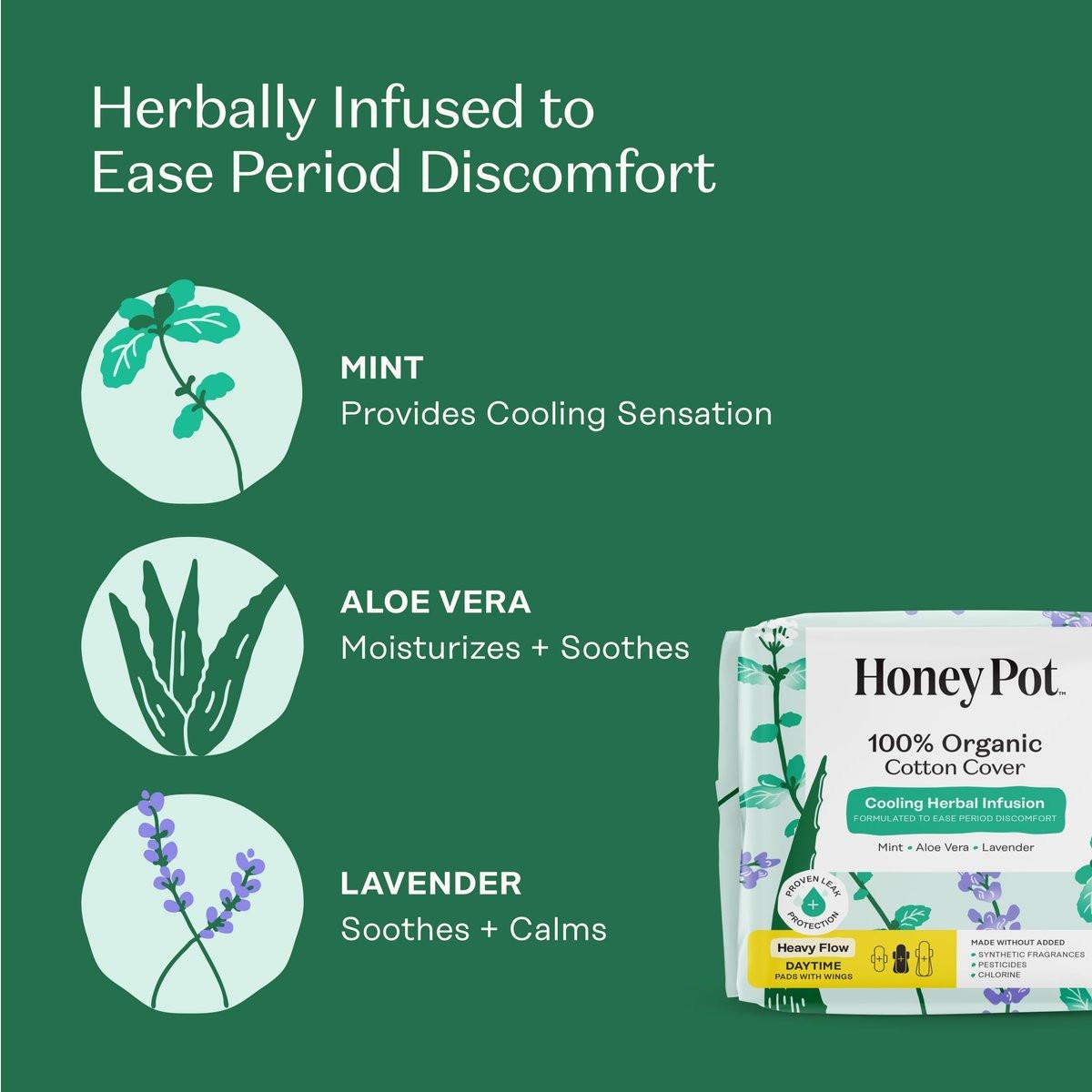 The Honey Pot Company – Kräuter-Slipeinlagen für Frauen mit starkem Fluss, mit Flügeln, mit ätherischen Ölen für kühlenden Effekt & Bio-Baumwollbezug – Damenhygiene – 16 Stück