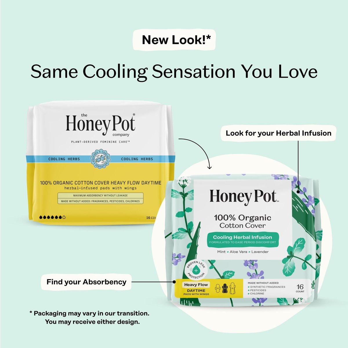 The Honey Pot Company – Kräuter-Slipeinlagen für Frauen mit starkem Fluss, mit Flügeln, mit ätherischen Ölen für kühlenden Effekt & Bio-Baumwollbezug – Damenhygiene – 16 Stück