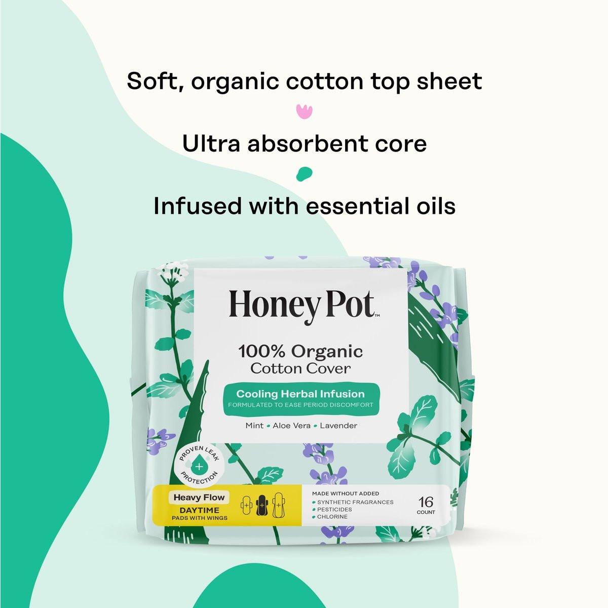 The Honey Pot Company – Kräuter-Slipeinlagen für Frauen mit starkem Fluss, mit Flügeln, mit ätherischen Ölen für kühlenden Effekt & Bio-Baumwollbezug – Damenhygiene – 16 Stück