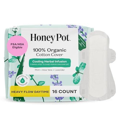 The Honey Pot Company – Kräuter-Slipeinlagen für Frauen mit starkem Fluss, mit Flügeln, mit ätherischen Ölen für kühlenden Effekt & Bio-Baumwollbezug – Damenhygiene – 16 Stück
