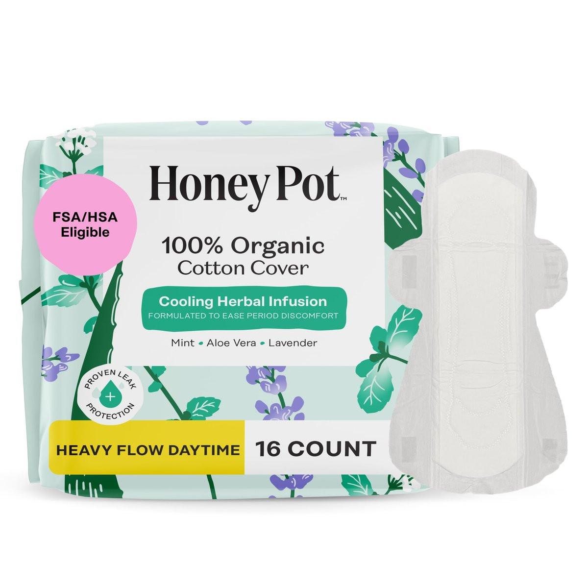 The Honey Pot Company – Kräuter-Slipeinlagen für Frauen mit starkem Fluss, mit Flügeln, mit ätherischen Ölen für kühlenden Effekt & Bio-Baumwollbezug – Damenhygiene – 16 Stück