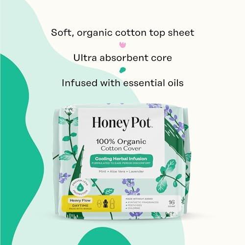 The Honey Pot Company – Kräuter-Slipeinlagen für Frauen mit starkem Fluss, mit Flügeln, mit ätherischen Ölen für kühlenden Effekt & Bio-Baumwollbezug – Damenhygiene – 16 Stück