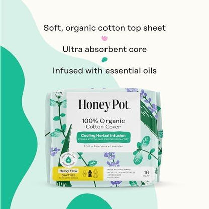The Honey Pot Company – Kräuter-Slipeinlagen für Frauen mit starkem Fluss, mit Flügeln, mit ätherischen Ölen für kühlenden Effekt & Bio-Baumwollbezug – Damenhygiene – 16 Stück