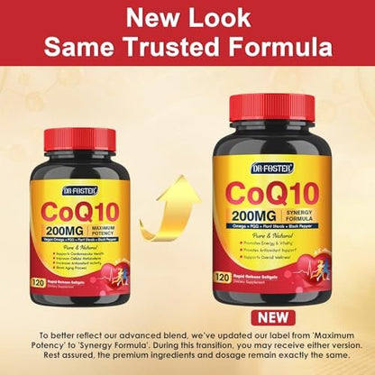 CoQ10 200 mg Weichkapseln mit Vitamin E & Omega 3-6-9 & PQQ - Hochabsorbierendes Coenzym Q10 mit Bioperin | Maximale Antioxidantien | Unterstützt das Herz & die zelluläre Energieproduktion | 120 Portionen