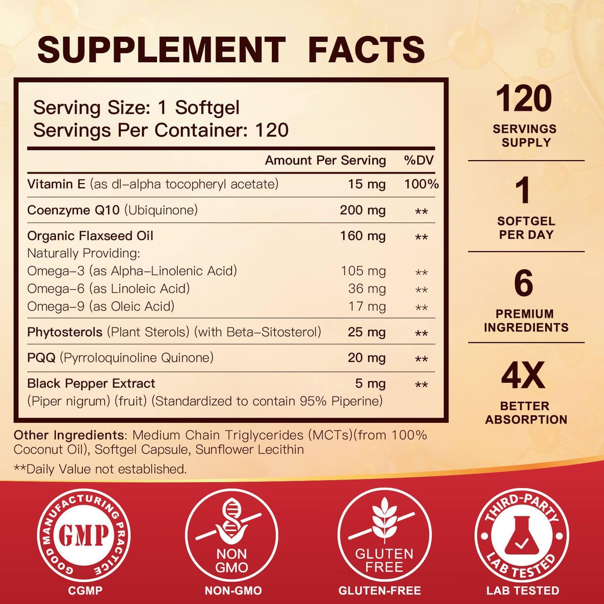 CoQ10 200 mg Weichkapseln mit Vitamin E & Omega 3-6-9 & PQQ - Hochabsorbierendes Coenzym Q10 mit Bioperin | Maximale Antioxidantien | Unterstützt das Herz & die zelluläre Energieproduktion | 120 Portionen