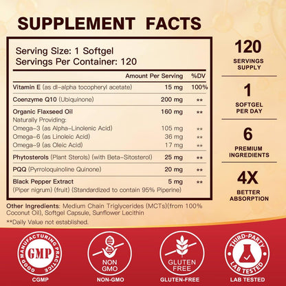 CoQ10 200 mg Weichkapseln mit Vitamin E & Omega 3-6-9 & PQQ - Hochabsorbierendes Coenzym Q10 mit Bioperin | Maximale Antioxidantien | Unterstützt das Herz & die zelluläre Energieproduktion | 120 Portionen