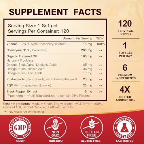 CoQ10 200 mg Weichkapseln mit Vitamin E & Omega 3-6-9 & PQQ - Hochabsorbierendes Coenzym Q10 mit Bioperin | Maximale Antioxidantien | Unterstützt das Herz & die zelluläre Energieproduktion | 120 Portionen