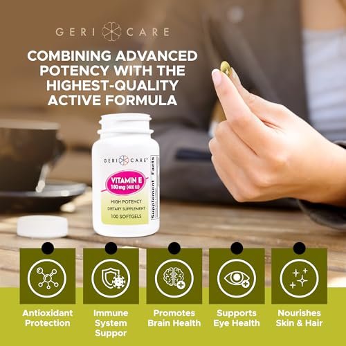 GeriCare Hochdosierte Vitamin-E-Kapseln – 400 IE für Haut- und Immununterstützung, 180 mg | 100 Stück | Bio-Vitamin E für Frauen und Männer