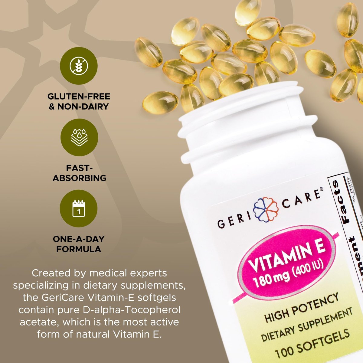 GeriCare Hochdosierte Vitamin-E-Kapseln – 400 IE für Haut- und Immununterstützung, 180 mg | 100 Stück | Bio-Vitamin E für Frauen und Männer