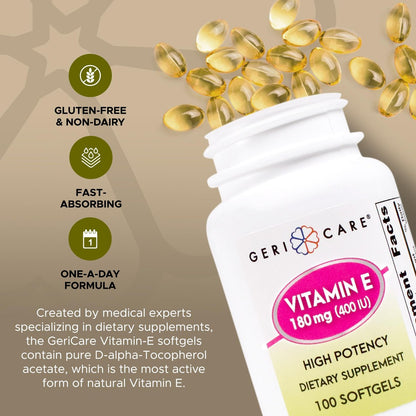 GeriCare Hochdosierte Vitamin-E-Kapseln – 400 IE für Haut- und Immununterstützung, 180 mg | 100 Stück | Bio-Vitamin E für Frauen und Männer