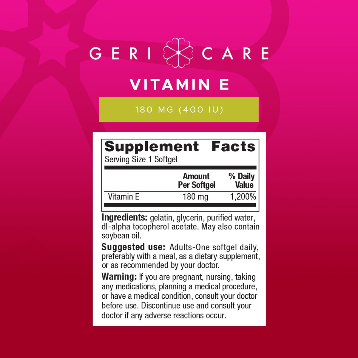 GeriCare Hochdosierte Vitamin-E-Kapseln – 400 IE für Haut- und Immununterstützung, 180 mg | 100 Stück | Bio-Vitamin E für Frauen und Männer