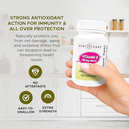 GeriCare Hochdosierte Vitamin-E-Kapseln – 400 IE für Haut- und Immununterstützung, 180 mg | 100 Stück | Bio-Vitamin E für Frauen und Männer