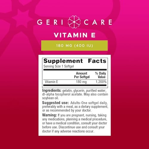 GeriCare Hochdosierte Vitamin-E-Kapseln – 400 IE für Haut- und Immununterstützung, 180 mg | 100 Stück | Bio-Vitamin E für Frauen und Männer