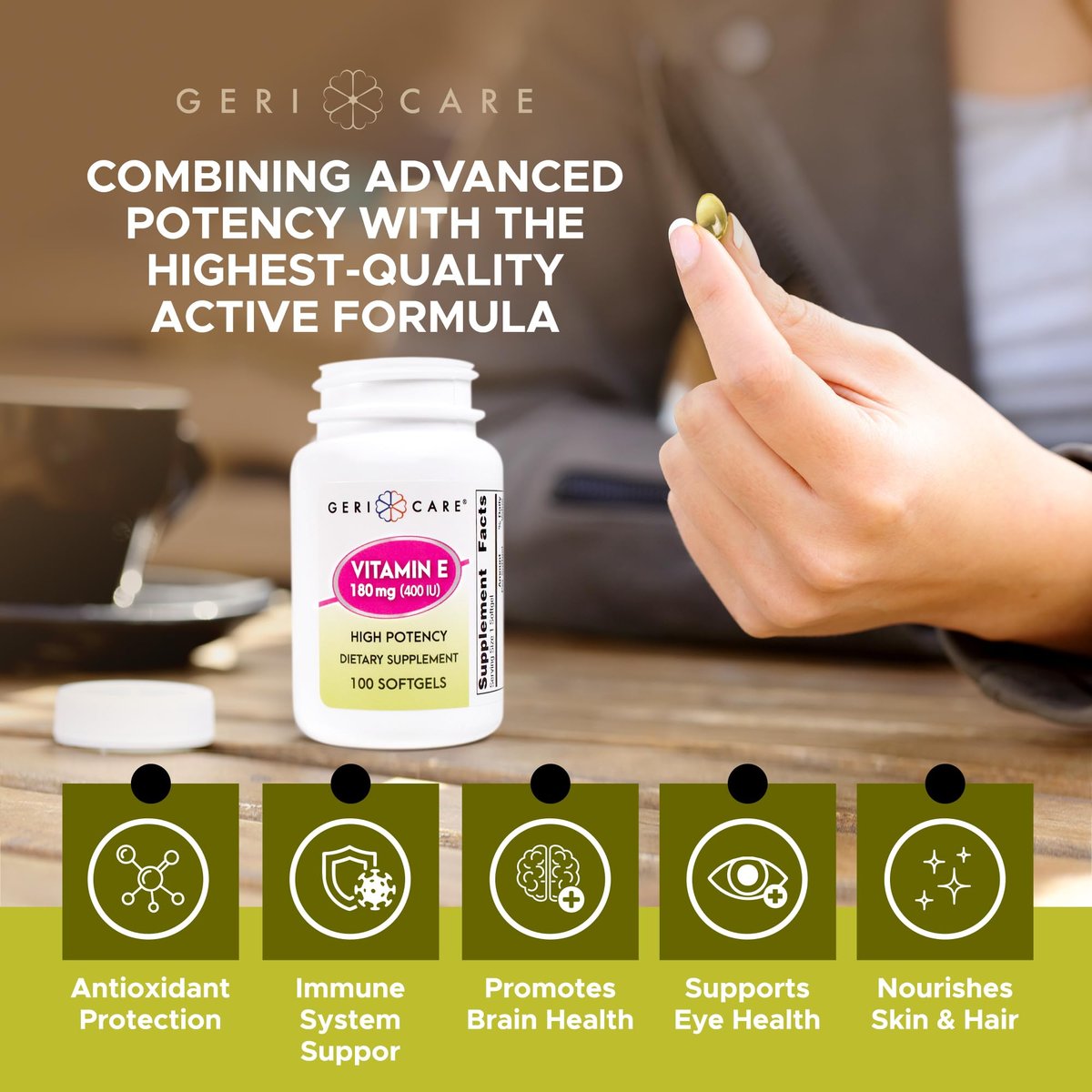 GeriCare Hochdosierte Vitamin-E-Kapseln – 400 IE für Haut- und Immununterstützung, 180 mg | 100 Stück | Bio-Vitamin E für Frauen und Männer