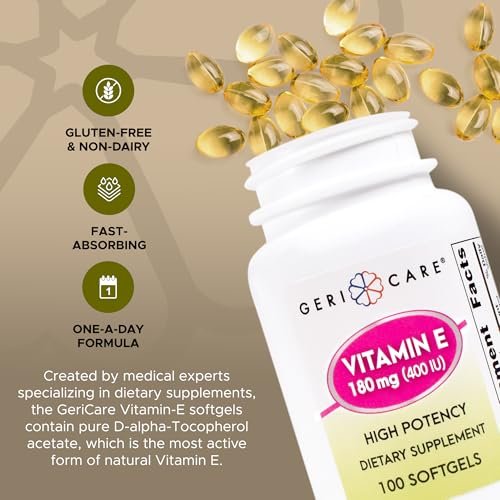 GeriCare Hochdosierte Vitamin-E-Kapseln – 400 IE für Haut- und Immununterstützung, 180 mg | 100 Stück | Bio-Vitamin E für Frauen und Männer