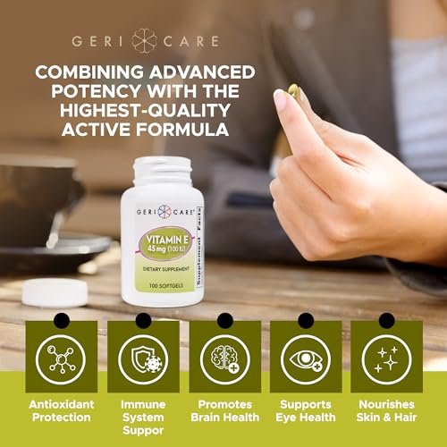 GeriCare Hochdosiertes Vitamin E Kapseln – 100 IE für Haut- und Immununterstützung, 45 mg | 100 Stück | Organisches Vitamin E für Frauen und Männer