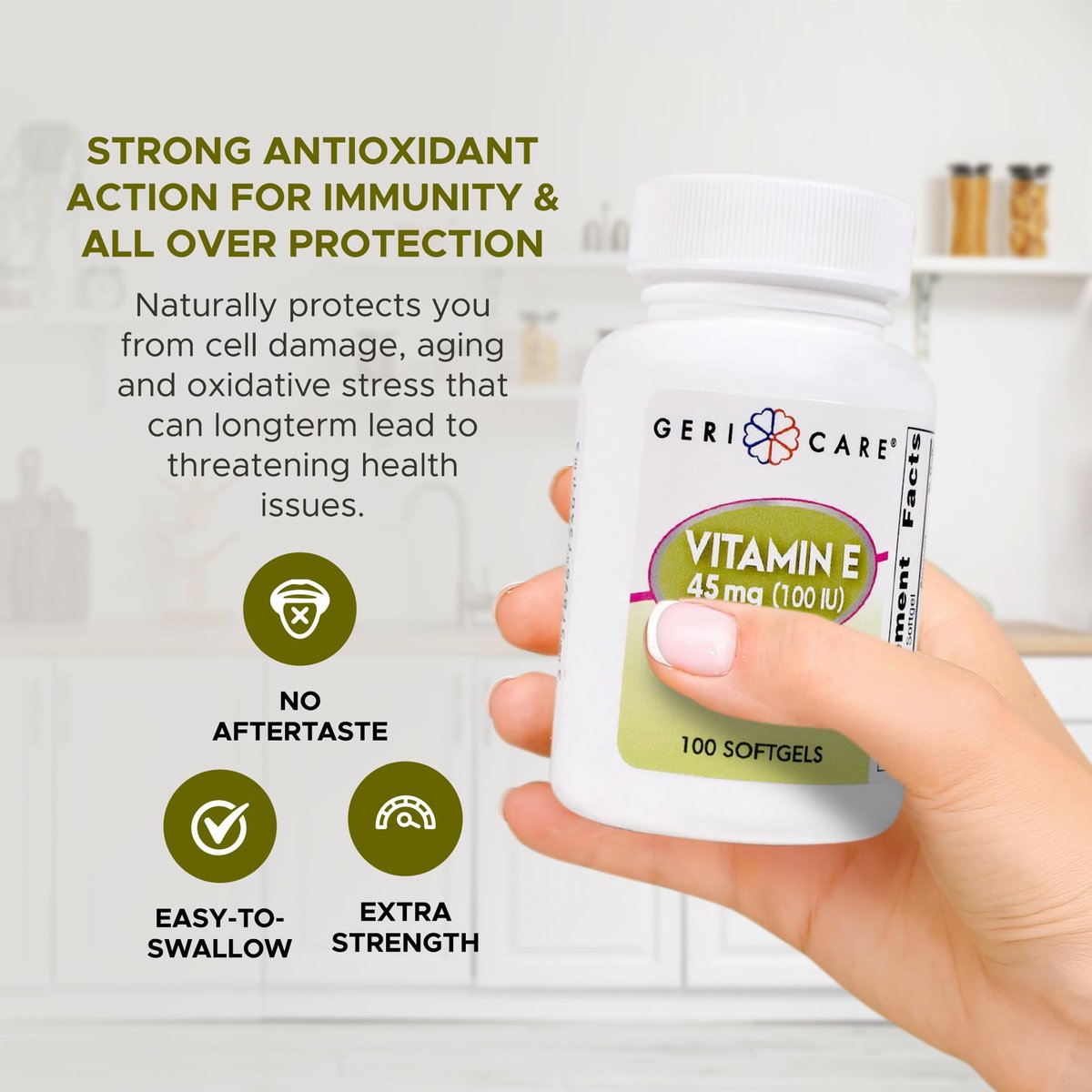 GeriCare Hochdosiertes Vitamin E Kapseln – 100 IE für Haut- und Immununterstützung, 45 mg | 100 Stück | Organisches Vitamin E für Frauen und Männer