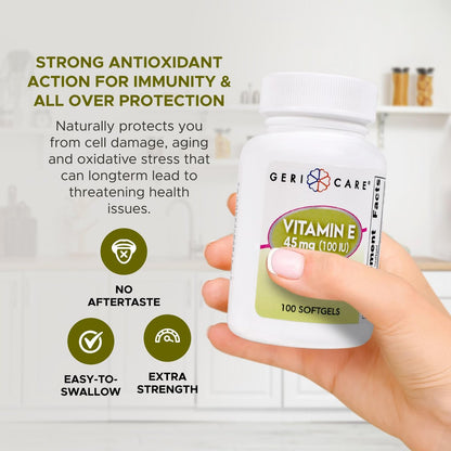 GeriCare Hochdosiertes Vitamin E Kapseln – 100 IE für Haut- und Immununterstützung, 45 mg | 100 Stück | Organisches Vitamin E für Frauen und Männer
