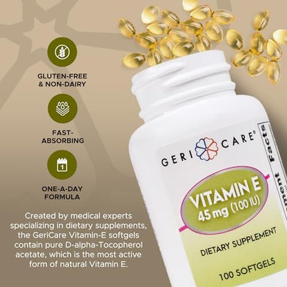 GeriCare Hochdosiertes Vitamin E Kapseln – 100 IE für Haut- und Immununterstützung, 45 mg | 100 Stück | Organisches Vitamin E für Frauen und Männer