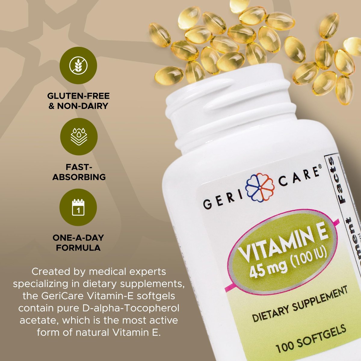 GeriCare Hochdosiertes Vitamin E Kapseln – 100 IE für Haut- und Immununterstützung, 45 mg | 100 Stück | Organisches Vitamin E für Frauen und Männer