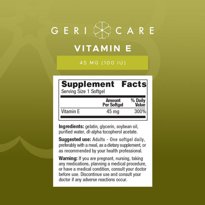 GeriCare Hochdosiertes Vitamin E Kapseln – 100 IE für Haut- und Immununterstützung, 45 mg | 100 Stück | Organisches Vitamin E für Frauen und Männer