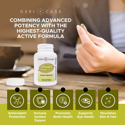 GeriCare Hochdosiertes Vitamin E Kapseln – 100 IE für Haut- und Immununterstützung, 45 mg | 100 Stück | Organisches Vitamin E für Frauen und Männer