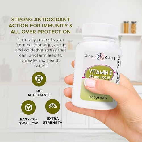 GeriCare Hochdosiertes Vitamin E Kapseln – 100 IE für Haut- und Immununterstützung, 45 mg | 100 Stück | Organisches Vitamin E für Frauen und Männer