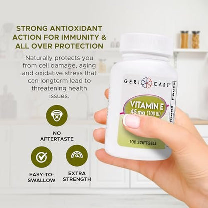 GeriCare Hochdosiertes Vitamin E Kapseln – 100 IE für Haut- und Immununterstützung, 45 mg | 100 Stück | Organisches Vitamin E für Frauen und Männer