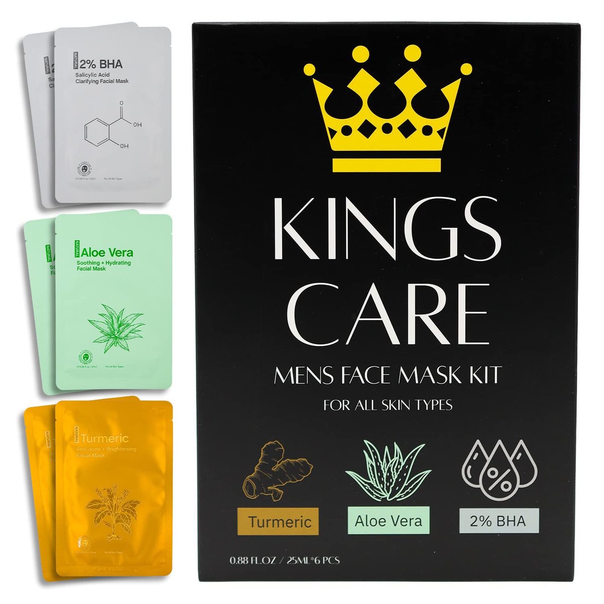 Kings Care Gesichtsmasken-Set für Männer (6er-Pack) – Kurkuma Anti-Akne, Aloe Vera Beruhigend & 2% BHA Salicylsäure Tuchmasken – Feuchtigkeitsspendend, Aufhellend & Porenverfeinernd