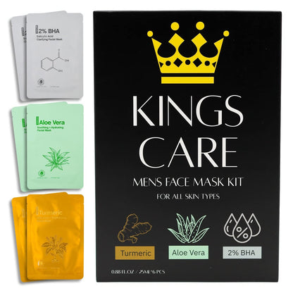 Kings Care Gesichtsmasken-Set für Männer (6er-Pack) – Kurkuma Anti-Akne, Aloe Vera Beruhigend & 2% BHA Salicylsäure Tuchmasken – Feuchtigkeitsspendend, Aufhellend & Porenverfeinernd