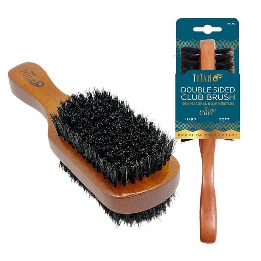TITAN Doppelseitige Wildschweinborstenbürste – 100% natürliche feste und weiche Borsten mit Holzgriff, 2-in-1 Haarbürste für Wellen, Fades und Slick-Back-Styling, langlebiges Holzdesign für Männer und Frauen