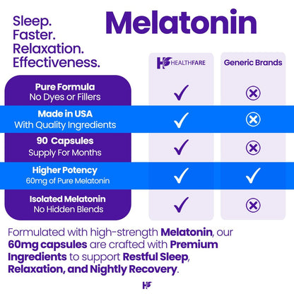 Healthfare Melatonin 60 mg | 90 vegane Kapseln | Hochdosiert | Vegetarisch, Non-GMO, Glutenfrei | Hergestellt in den USA